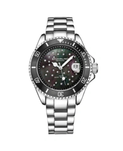 Stuhrling Ladies Diver Quartz Crystal Studded Case ,mop Dial, Stainless Steel Bracelet Watch In Silver