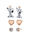 PEANUTS UNWRITTEN THREE PAIR SILVER PLATED SNOOPY EARRING SET WITH ROSE GOLD HEART AND CZ BEZEL STUD