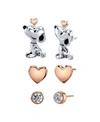 Peanuts Unwritten Three Pair Silver Plated Snoopy Earring Set With Rose Gold Heart And Cz Bezel Stud In Two-tone
