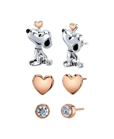 Peanuts Unwritten Three Pair Silver Plated Snoopy Earring Set With Rose Gold Heart And Cz Bezel Stud In Pink