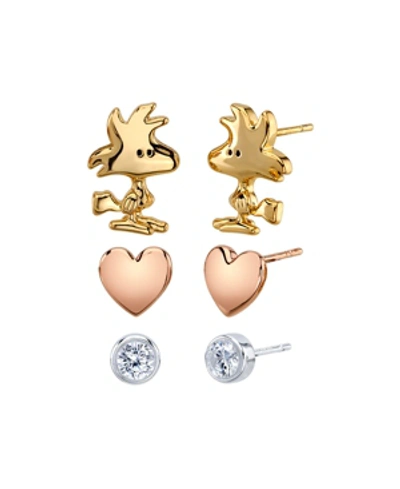 Peanuts Unwritten Three Pair Silver Plated  Woodstock Earring Set With Heart And Bezel Cubic Zirconia In Tri-tone