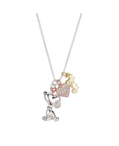 Peanuts Gold Flash Plated "mom" Snoopy And Cubic Zirconia Heart Necklace, 16"+2" Extender In Pink