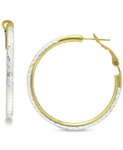 Giani Bernini Medium Two-tone Textured Hoop Earrings In Sterling Silver & 18k Gold-plate, 1-1/2", Created For Macy