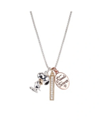 Peanuts Silver Plated Tri-tone  "friends Forever" Snoopy And Woodstock Crystal Pendant Necklace, 16"+ In Tri Tone