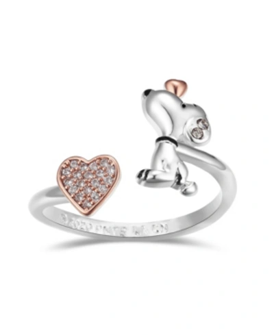 Peanuts Snoopy And Pave Crystal Heart Bypass Ring In Pink