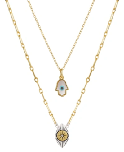 Unwritten 2 Pc. Set Hamsa Hand & Evil Eye Pendant Necklaces In Silver-plate & Gold-flash, 16" + 2" Extender