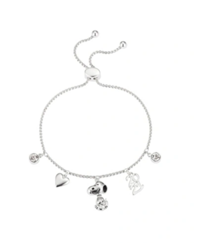 Peanuts Fine Silver Plated Cubic Zirconia "2021" Snoopy Charm Adjustable Bolo Bracelet In Silver-tone