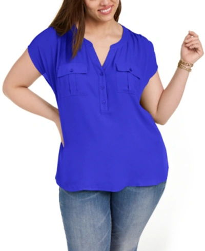 Inc International Concepts Plus Size Woven-front V-neck Top, Created For Macy's In Goddess Blue