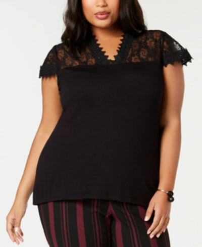 Inc International Concepts Plus Size Lace-trim Top, Created For Macy's In Deep Black