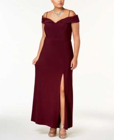 Morgan & Company Trendy Plus Size Off-the-shoulder Gown In Wine