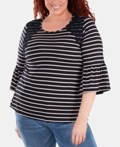 Ny Collection Plus Size Crochet-trimmed Striped Bell-sleeve Top In Navy Lunastripe