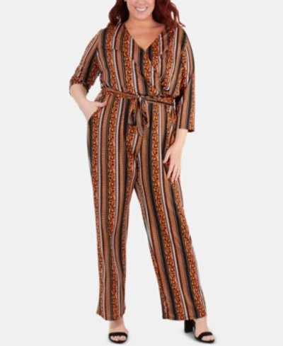 Ny Collection Plus Size Striped Belted Jumpsuit In Golden Luxetch