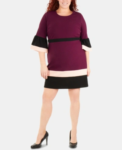 Ny Collection Plus Size Bell-sleeve Colorblocked Sheath Dress In Grape Eilat