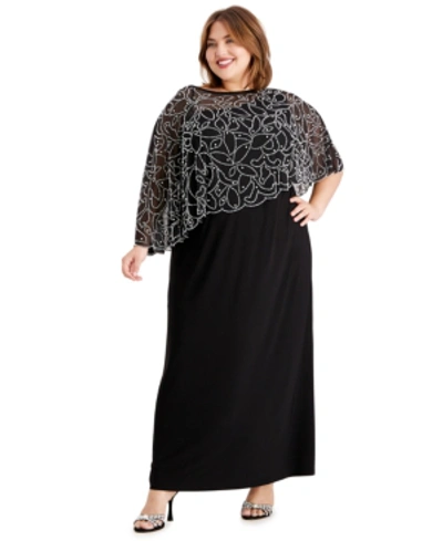 Msk Plus Size Beaded Cape Gown In Black,silver