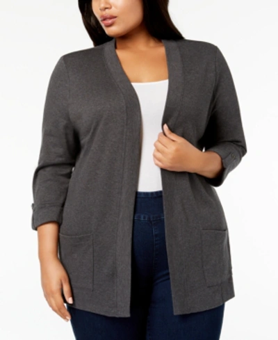 Karen Scott Plus Size Cotton Cozy Cardigan, Created For Macy's In Charcoal Heather