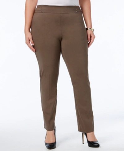 Jm Collection Plus Size Tummy Control Pull-on Slim-leg Pants In Brown Clay