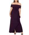 Xscape Petite Off-the-shoulder Ruffled Gown In Plum Purple