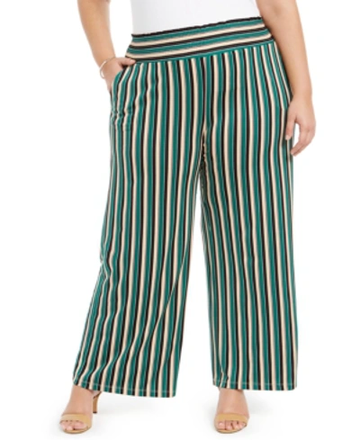 Ny Collection Plus Size Printed Smocked-waist Pants In Green Rowline