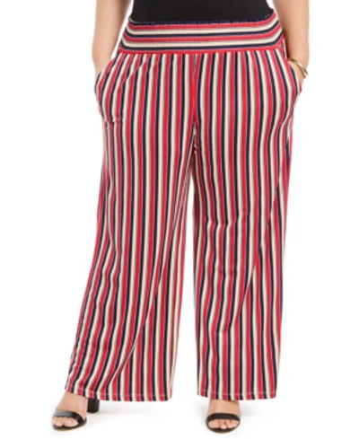 Ny Collection Plus Size Printed Smocked-waist Pants In Red Rowline