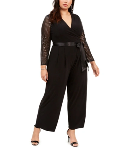 Jessica Howard Plus Size Belted Statement-sleeve Jumpsuit In Black/silver