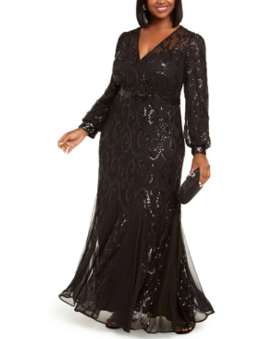 R & M Richards Plus Size Surplice Sequined Gown In Black