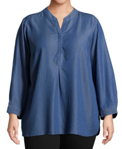 John Paul Richard Plus Size Split Neckline Chambray Shirt In Denim