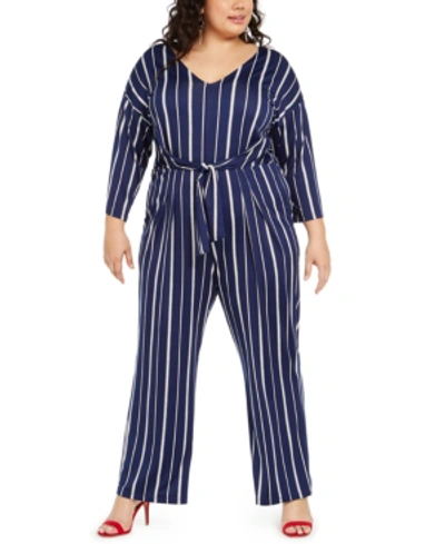 Ny Collection Plus Size Printed Tie-front Gaucho Jumpsuit In Navy Dotted Stripe