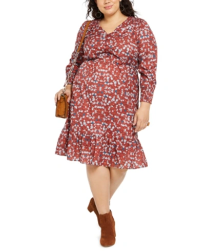 Ny Collection Plus Size Printed Smocked-sleeve Midi Dress In Spice