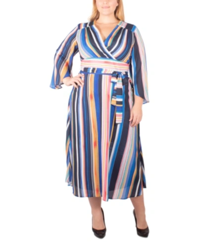 Ny Collection Plus Size Striped Belted Wrap Dress In Multie Vibeline