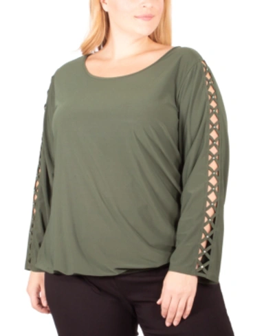 Ny Collection Plus Size Rhinestone-lattice-sleeve Top In Olive