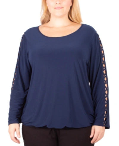 Ny Collection Plus Size Rhinestone-lattice-sleeve Top In Navy