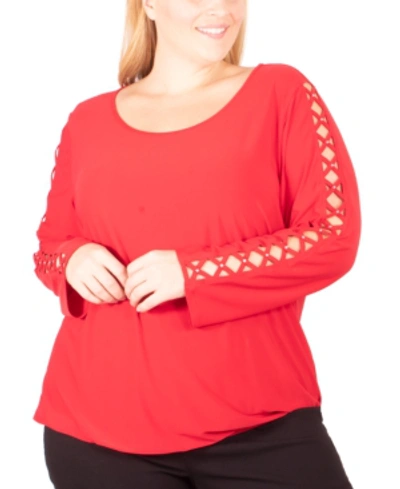 Ny Collection Plus Size Rhinestone-lattice-sleeve Top In Red