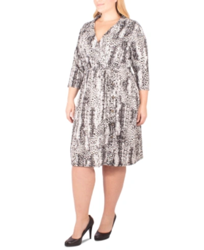 Ny Collection Plus Size Animal-print Faux Wrap Dress In Black Leosnake