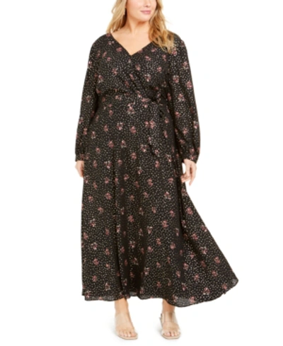 Ny Collection Plus Size Faux-wrap Maxi Dress In Noir Floraflakes