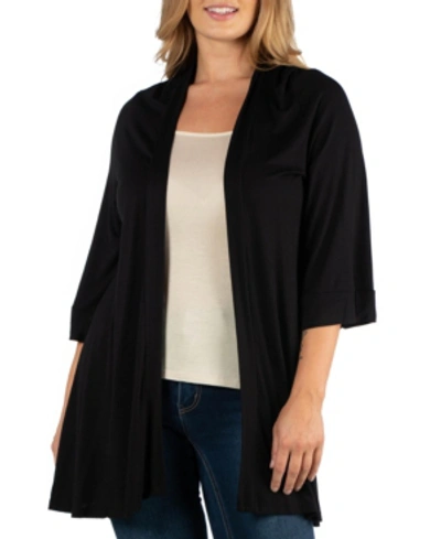 24seven Comfort Apparel Open Front Elbow Length Sleeve Plus Size Cardigan In Black