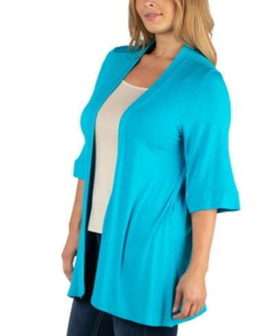 24seven Comfort Apparel Open Front Elbow Length Sleeve Plus Size Cardigan In Turquoise