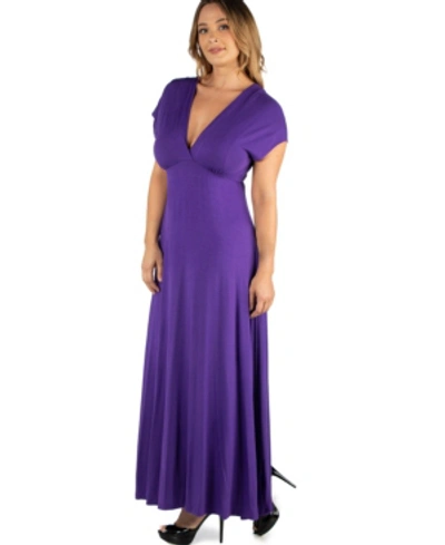 24seven Comfort Apparel Cap Sleeve V Neck Maternity Maxi Dress In Purple