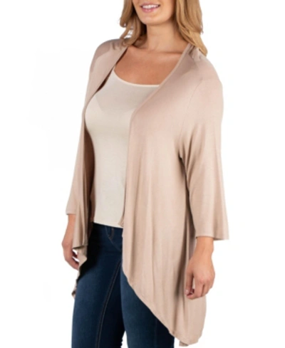 24seven Comfort Apparel Elbow Length Sleeve Plus Size Open Cardigan In Beige