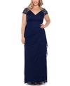 Xscape Plus Size Lace-shoulder Gown In Navy Blue
