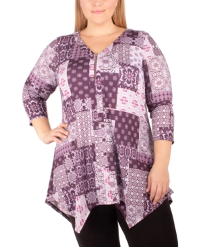 Ny Collection Plus Size Printed Shark-bite Top In Wine Palace Tile