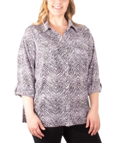 Ny Collection Plus Size Printed Button-down Utility Shirt In Black Zebra