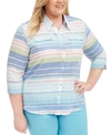 ALFRED DUNNER PLUS SIZE SEA YOU THERE STRIPED BUTTON-FRONT TOP