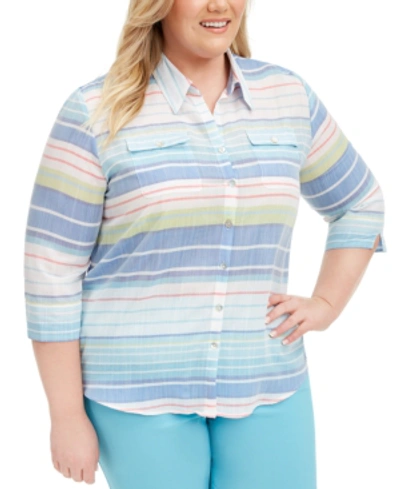 Alfred Dunner Plus Size Sea You There Striped Button-front Top In Blue Multi