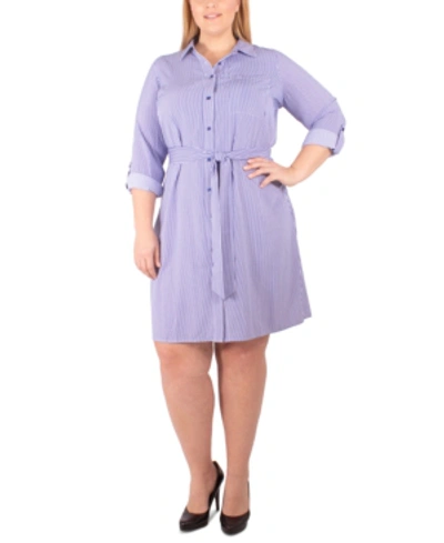 Ny Collection Plus Size Belted Woven Shirtdress In Blue Totorella