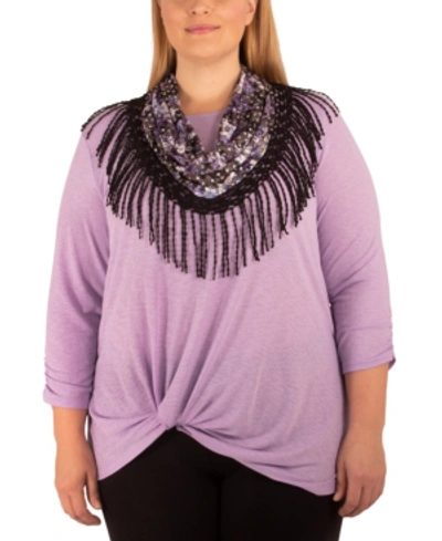 Ny Collection Plus Size Twist-hem Fringed-scarf Top In Iris