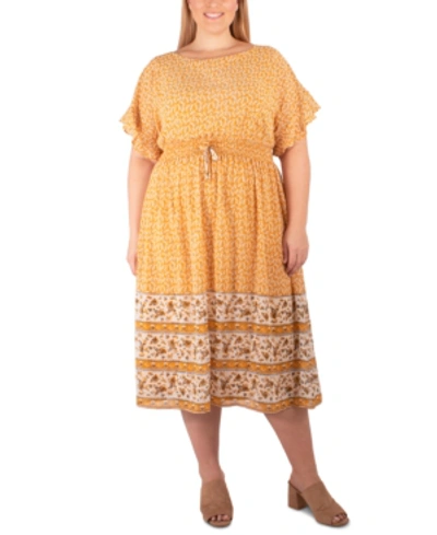 Ny Collection Plus Size Border-print Midi Dress In Mustard Petalstem