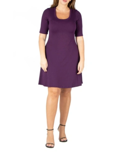 24seven Comfort Apparel Women's Plus Size Fit And Flare Elbow Sleeves Dress In Purple