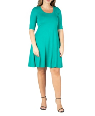 24seven Comfort Apparel Women's Plus Size Fit And Flare Elbow Sleeves Dress In Jade