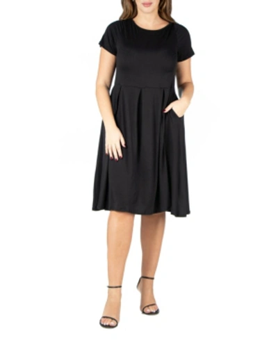 24seven Comfort Apparel Plus Size Short Sleeve Midi Dress With Pockets In Black