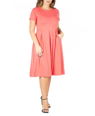 24seven Comfort Apparel Maternity Midi Dress With Short Sleeve And Pocket Detail In Coral